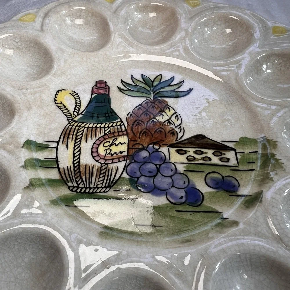 Vintage Ceramic Deviled Egg Platter 12 Egg Wine Cheese Grapes 9.25